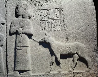 Dronning eller våt sykepleier som bærer Tuwarsais, den yngste sønnen til kong Araras, Carchemish, Neo-Hittite (basalt)